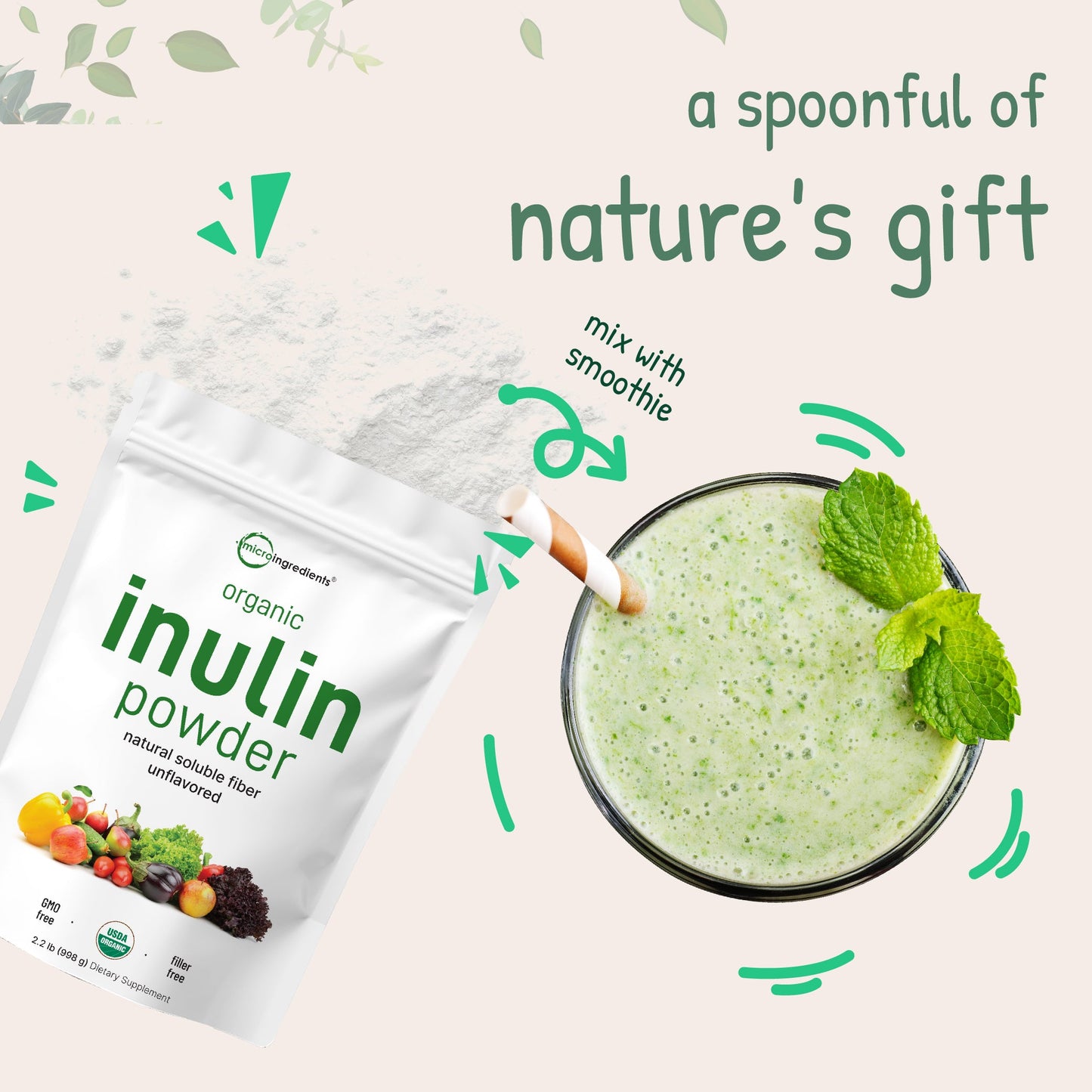 Micro Ingredients Unflavored Organic Inulin FOS Powder - 2.2 Pounds