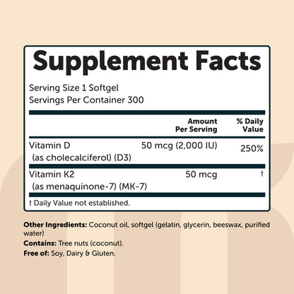 Micro Ingredients Vitamin D3 K2 5000IU /2000IU / 1000IU, Infused with Virgin Coconut Oil, 300 Softgels