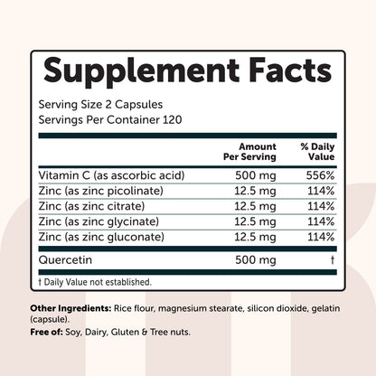 Micro Ingredients Zinc Quercetin 6-in-1 Complex with Vitamin C, 240 Capsules
