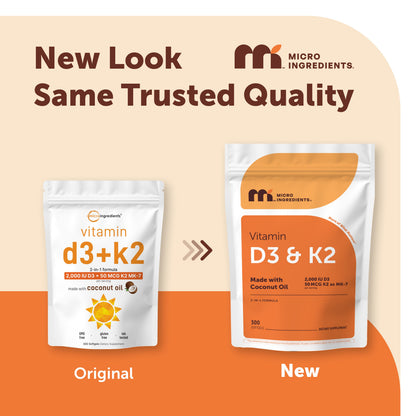 Micro Ingredients Vitamin D3 K2 5000IU /2000IU / 1000IU, Infused with Virgin Coconut Oil, 300 Softgels