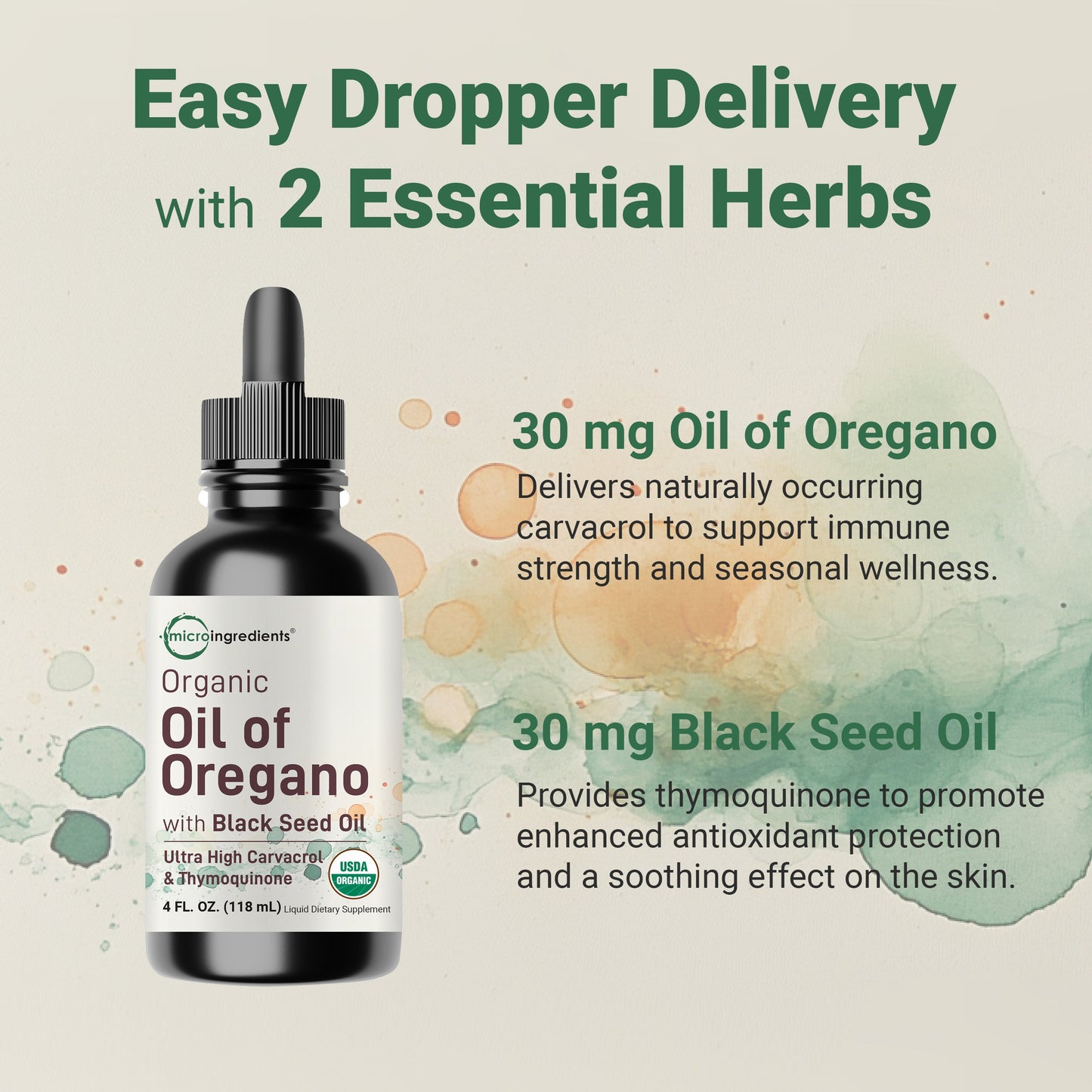Micro Ingredients Organic Oil of Oregano with Black Seed Oil, 4 fl oz, 2-in-1 Dropper