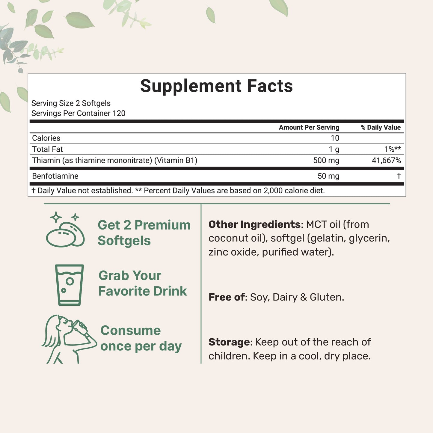 Micro Ingredients Vitamin B1 500mg with Benfotiamine with MCT Oil, 240 softgels