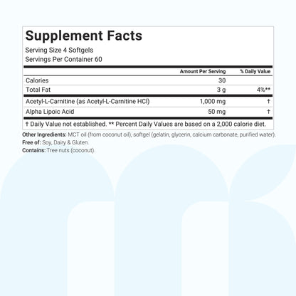 Micro Ingredients Acetyl L-Carnitine 1000mg with Alpha Lipoic Acid, 240 MCT Oil Softgels