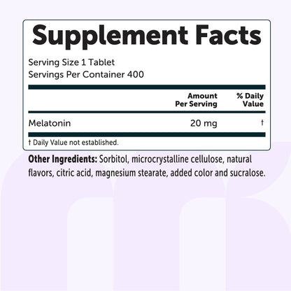 Micro Ingredients Melatonin 20mg Tablets, 400 Counts, Natural Strawberry Flavor
