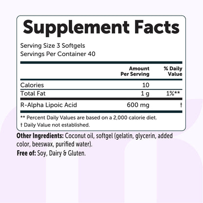 Micro Ingredients R Alpha Lipoic Acid 600mg with Coconut Oil, 120 Softgels