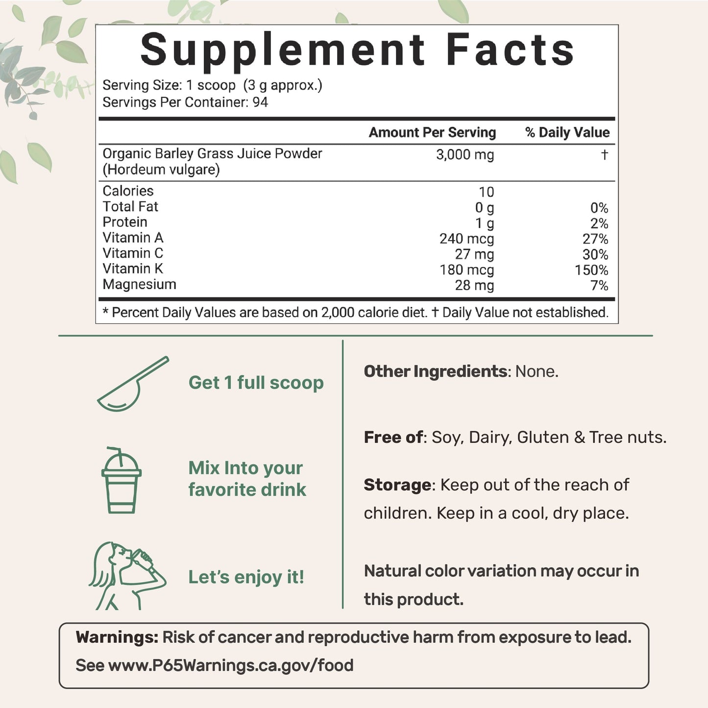 Micro Ingredients Organic Barley Grass Juice Powder, 10 Ounce