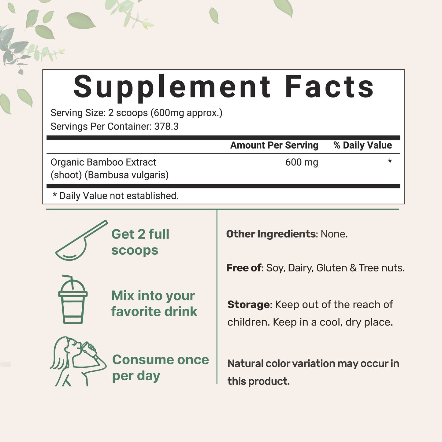 Micro Ingredients Organic Bamboo Extract Powder, 8oz