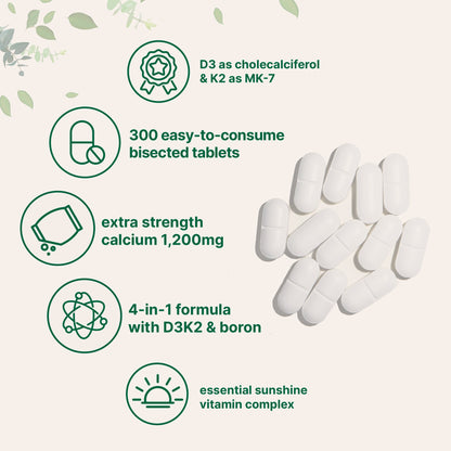 Micro Ingredients Calcium 1,200 mg with Vitamin D3 Plus K2 (MK-7) & Boron, 300 Tablets