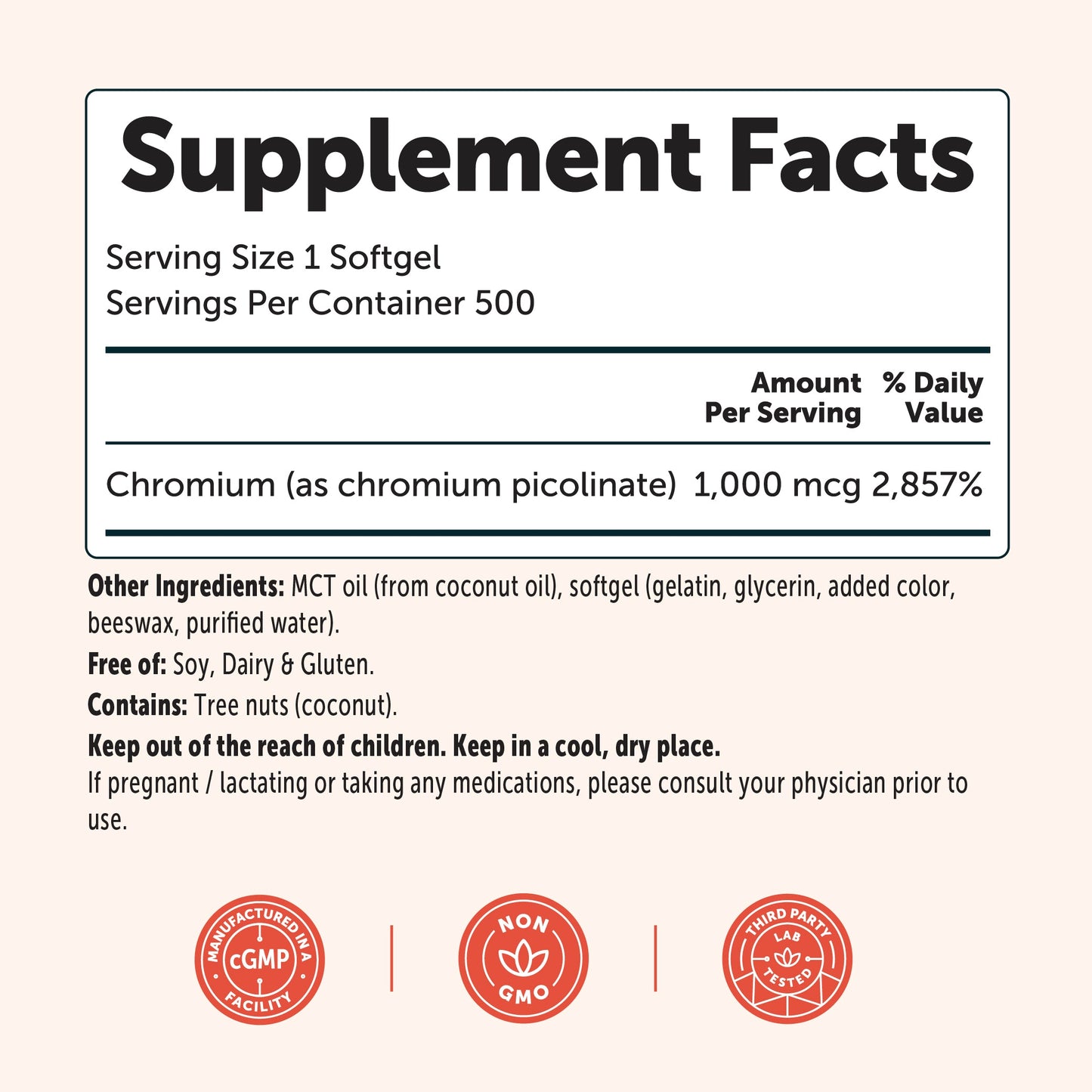 Micro Ingredients Chromium Picolinate 1000mcg with MCT Oil, 500 Softgels