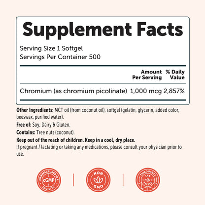 Micro Ingredients Chromium Picolinate 1000mcg with MCT Oil, 500 Softgels