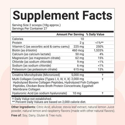 Creatine Monohydrate for Women with Multi Collagen Electrolyte, 500g (Lemon & Raspberry Flavor)