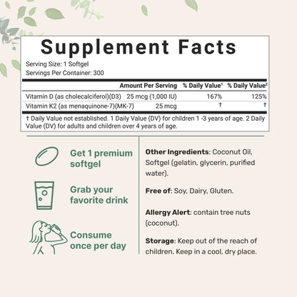Micro Ingredients Vitamin D3 K2 5000IU /2000IU / 1000IU, Infused with Virgin Coconut Oil, 300 Softgels