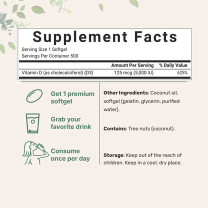 Micro Ingredients Vitamin D3 5,000 IU, 500 Softgels