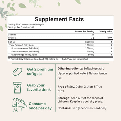 Micro Ingredients Omega 3 Fish Oil DHA Supplements 1000mg with EPA 500mg, 200 Softgels –   Lemon Flavored