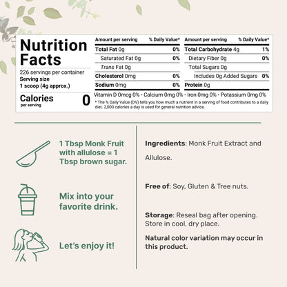 Micro Ingredients Golden Monk Fruit with Allulose Sweetener, 2 Lb – 1:1 Brown Sugar Substitute - Without Erythritol,  Zero Calorie, Great for Drinks, Coffee, Tea, Cookies | Keto, Vegan, Non-GMO