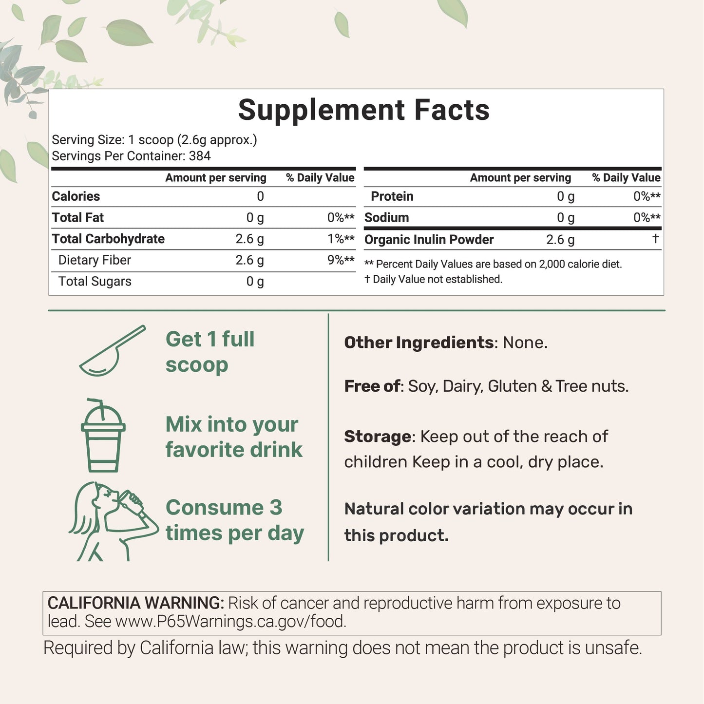 Micro Ingredients Unflavored Organic Inulin FOS Powder - 2.2 Pounds