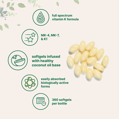 Micro Ingredients Vitamin K2 MK-4 + MK-7 & K1 Supplement, 360 Softgles with Coconut Oil
