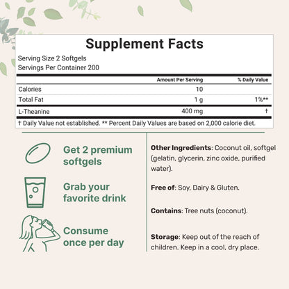 Micro Ingredients L-Theanine 400mg, 400 Softgels, Highly Bioavailable with Coconut Oil