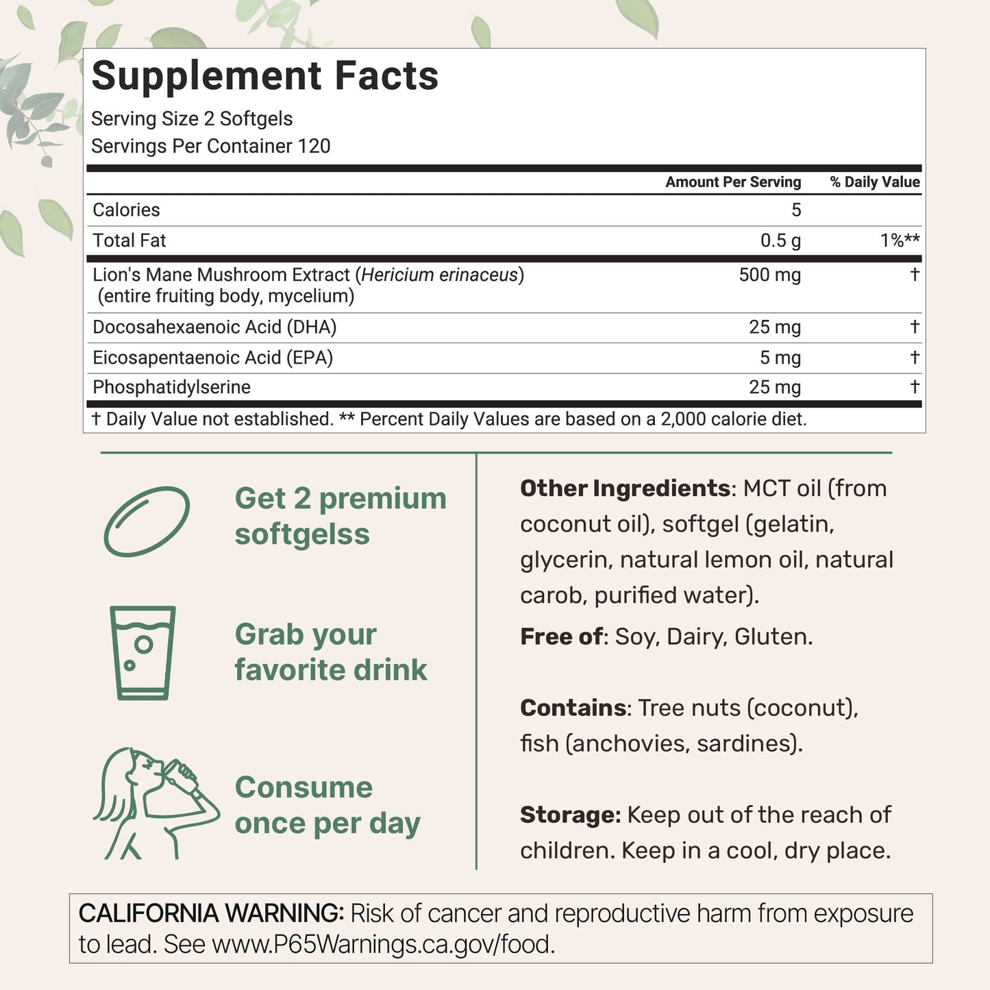 Micro Ingredients Lions Mane+ with Omega-3 & MCT Oil, 240 Softgels