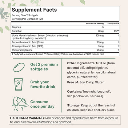 Micro Ingredients Lions Mane+ with Omega-3 & MCT Oil, 240 Softgels