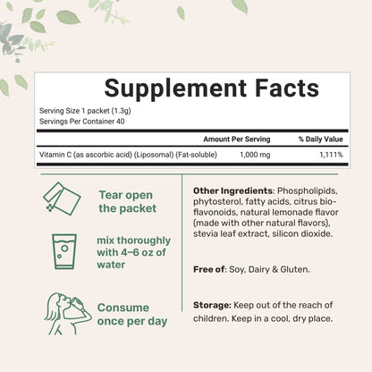 Micro Ingredients Liposomal Vitamin C 1,000mg, 40 Packets with Sugar Free Lemonade Flavor