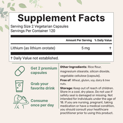 Micro Ingredients Lithium Orotate 5mg, 240 Vegetarian Capsules