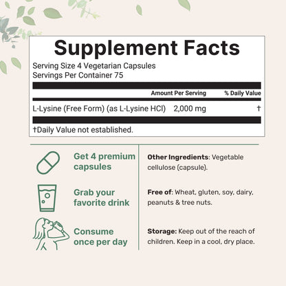 Micro Ingredients Pure L-Lysine 2,000mg, 300 Veggie Capsules