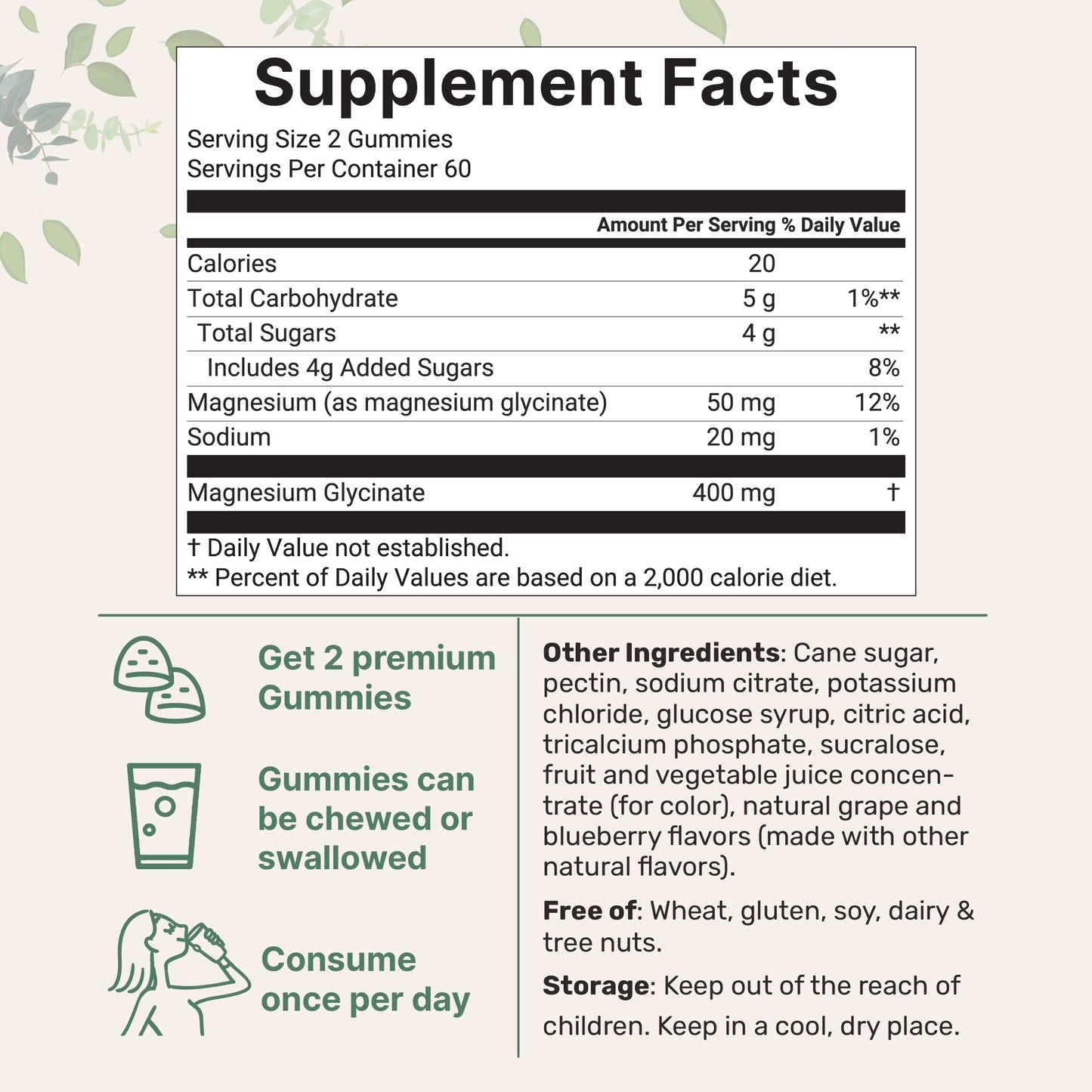 Magnesium Glycinate Gummies 400mg Per Serving, 120 Count