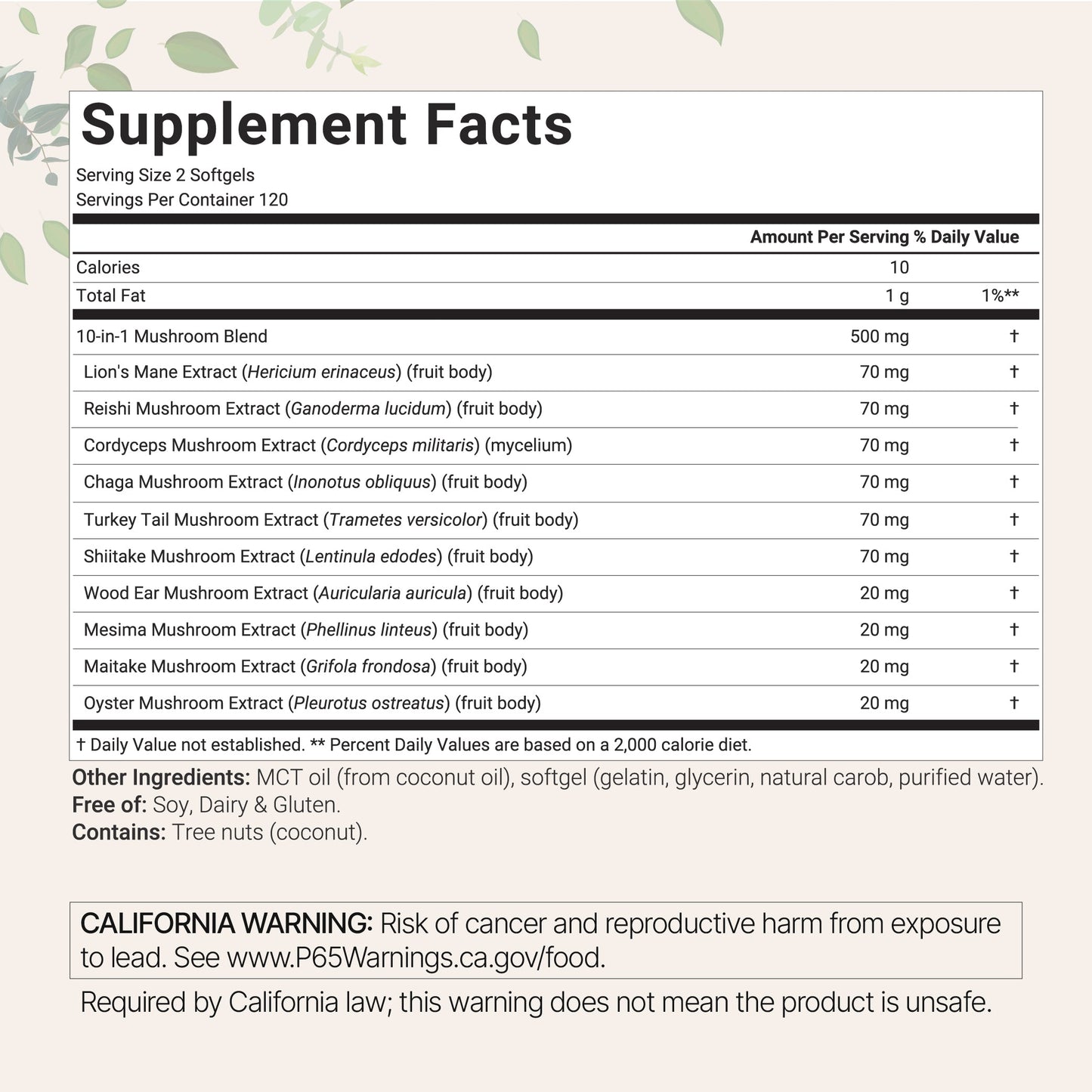 Micro Ingredients Mega Mushroom 10-in-1 with MCT Oil, 240 Softgels