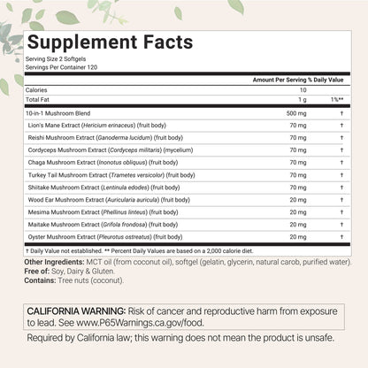 Micro Ingredients Mega Mushroom 10-in-1 with MCT Oil, 240 Softgels