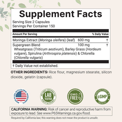 Moringa Oleifera, 300 Capsules with Supergreens Blend of Wheatgrass, Barley Grass, Spirulina, & Chlorella