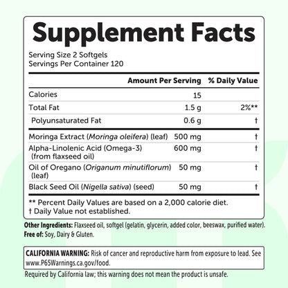 Micro Ingredients Moringa with Oregano Oil, Black Seed Oil & Omega-3, 240 Flaxseed Oil Softgels