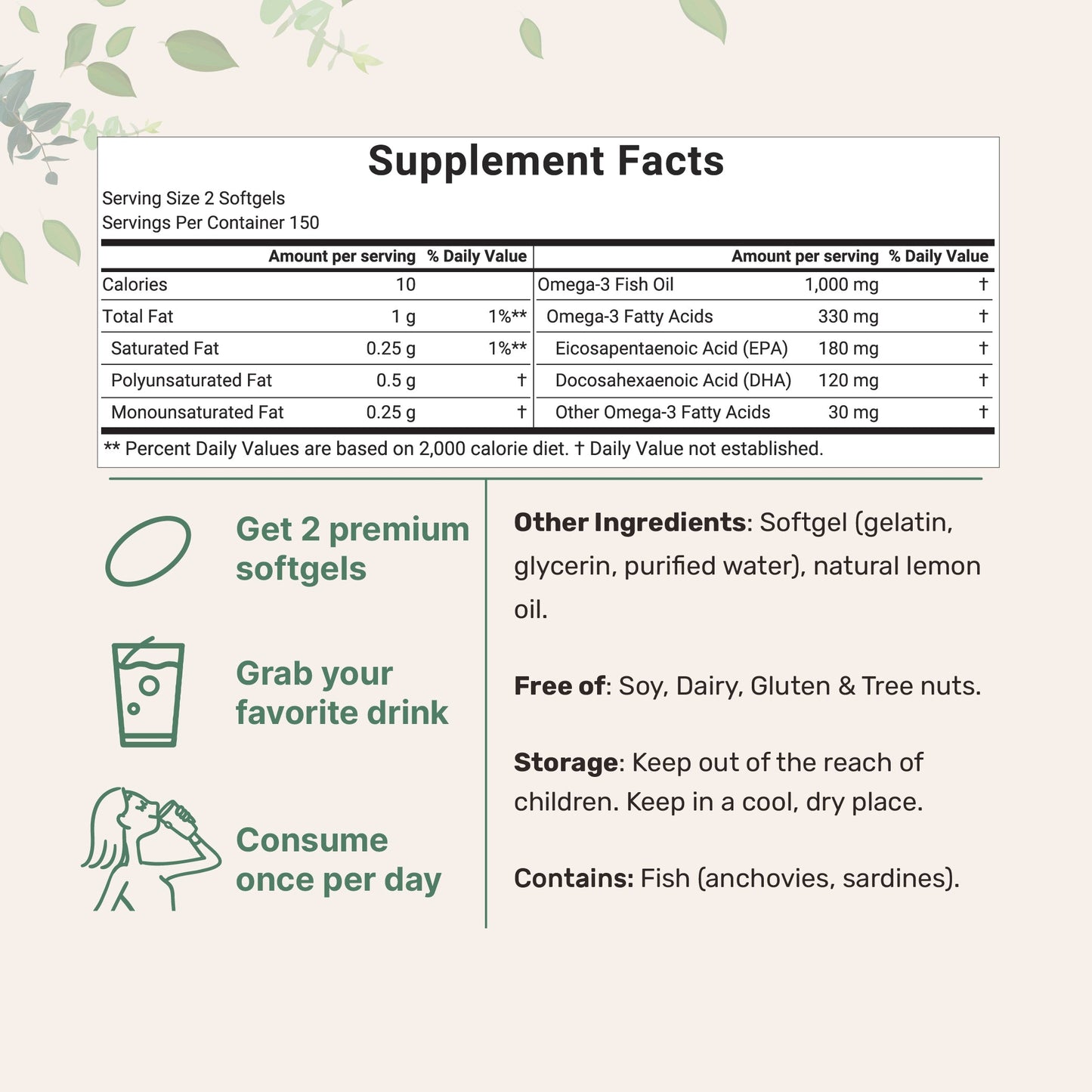 Micro Ingredients Extra Strength Omega 3 Fish Oil Supplements 1,000mg Per Serving, 300 Softgels