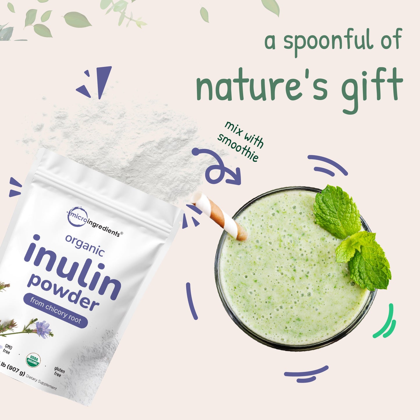 Micro Ingredients Organic Chicory Inulin Powder, 2lb