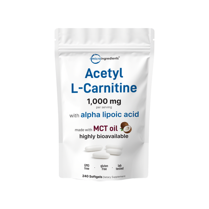 Micro Ingredients Acetyl L-Carnitine 1000mg with Alpha Lipoic Acid, 240 MCT Oil Softgels