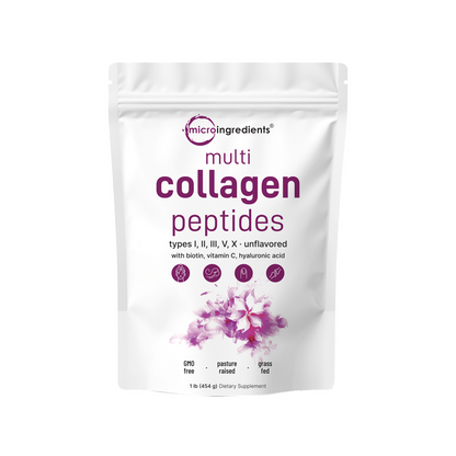 Micro Ingredients Multi Collagen Peptides Powder - Hydrolyzed Protein Peptides (Type I,II,III,V,X) with Hyaluronic Acid, Biotin & Vitamin C Unflavored