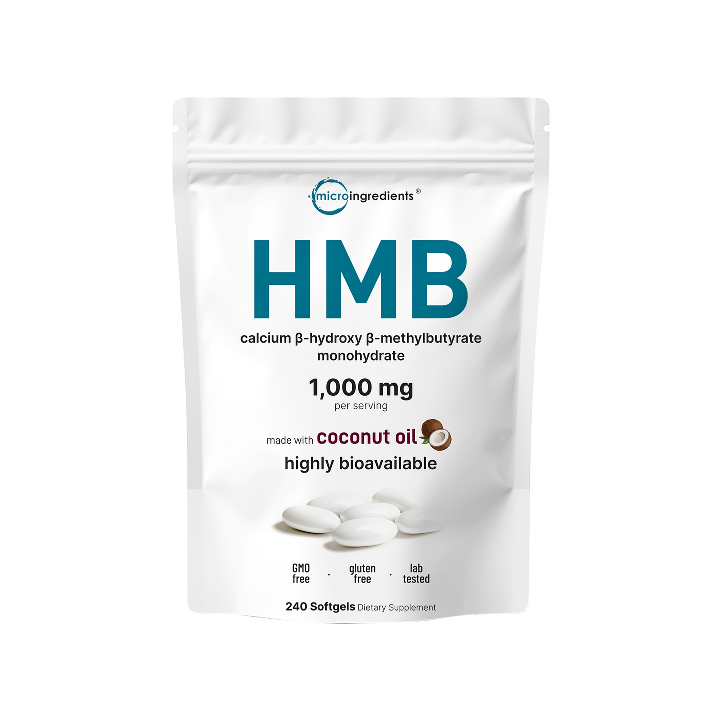 Micro Ingredients HMB 1,000mg, 240 Softgels with Coconut Oil, Highly Bioavailable