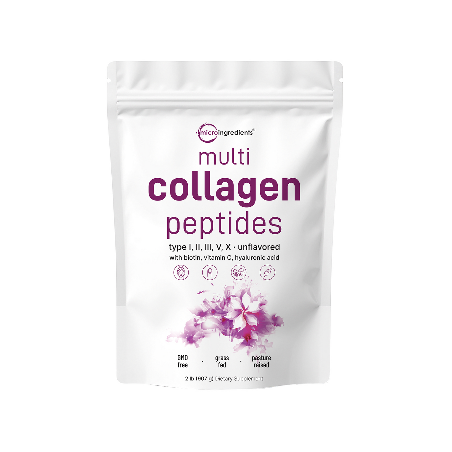 Micro Ingredients Multi Collagen Peptides Powder - Hydrolyzed Protein Peptides (Type I,II,III,V,X) with Hyaluronic Acid, Biotin & Vitamin C Unflavored