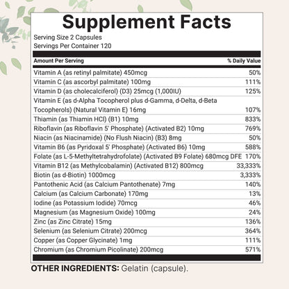 Micro Ingredients Methylated Multivitamin | 240 Pure Capsules with Vitamins C, D, B12