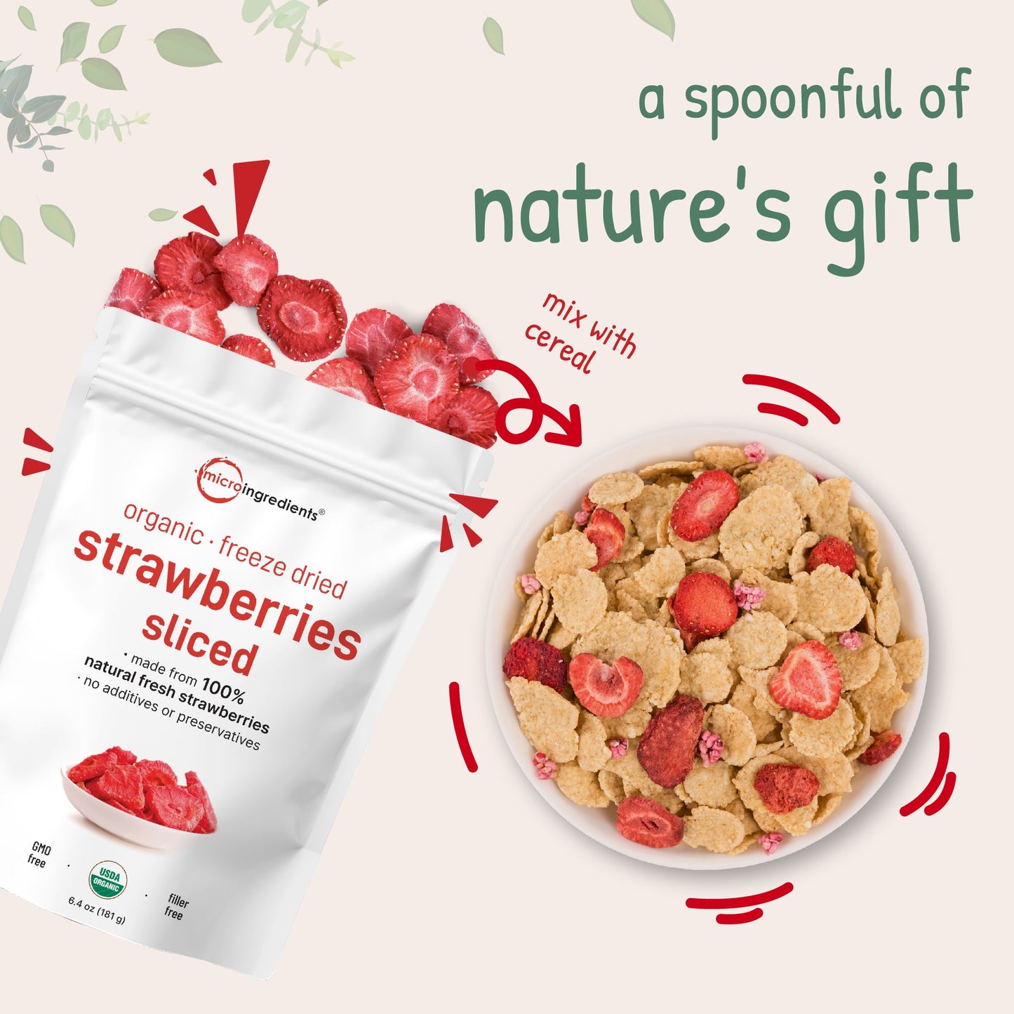 Micro Ingredients Organic Freeze Dried Strawberries Sliced, 6.4oz