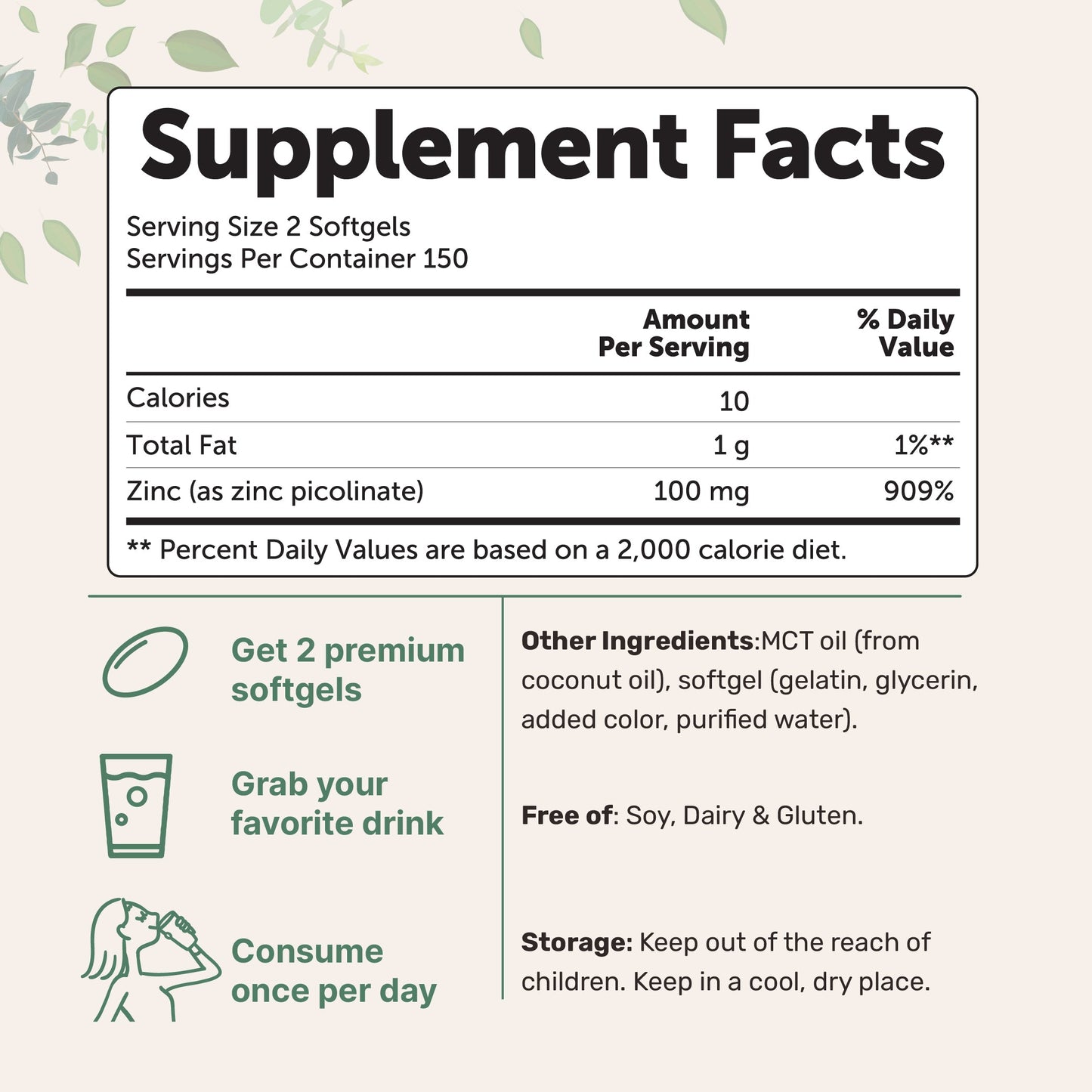Micro Ingredients Zinc Picolinate 100mg with MCT Oil, 300 Softgels