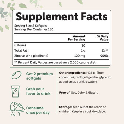 Micro Ingredients Zinc Picolinate 100mg with MCT Oil, 300 Softgels
