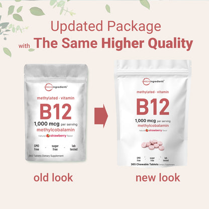 Micro Ingredients Vitamin B12 1,000mcg | Methyl B12 Active Form | 365 Chewable Tablets