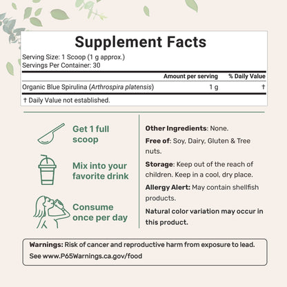 Micro Ingredients Organic Blue Spirulina Powder (Phycocyanin Extract) - No Fishy Smell, 100% Vegan Protein from Blue-Green Algae